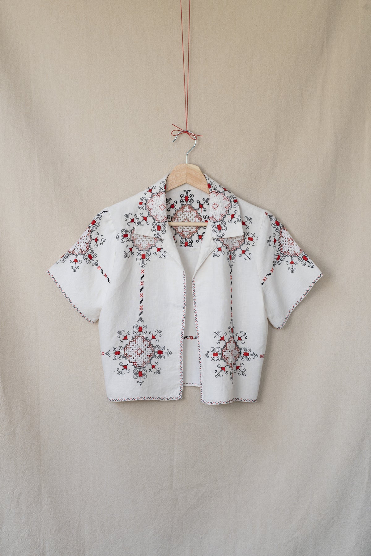 Vintage white linen short sleeve open shirt with black and red embroidery