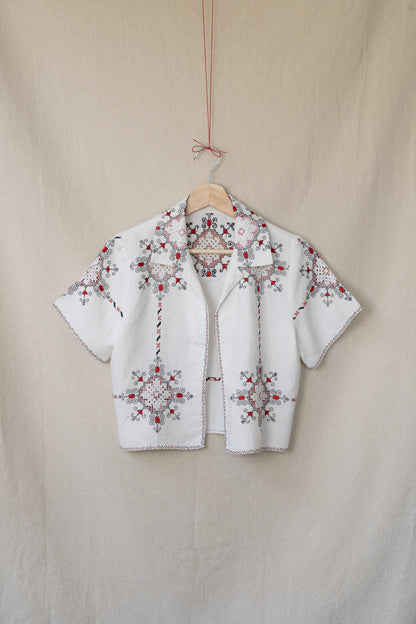 Vintage white linen short sleeve open shirt with black and red embroidery