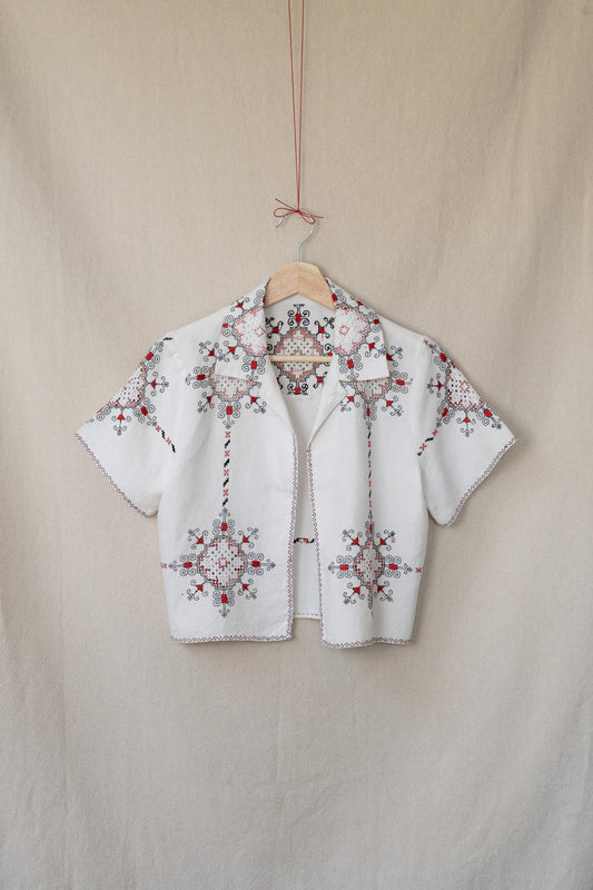 Vintage white linen short sleeve open shirt with black and red embroidery